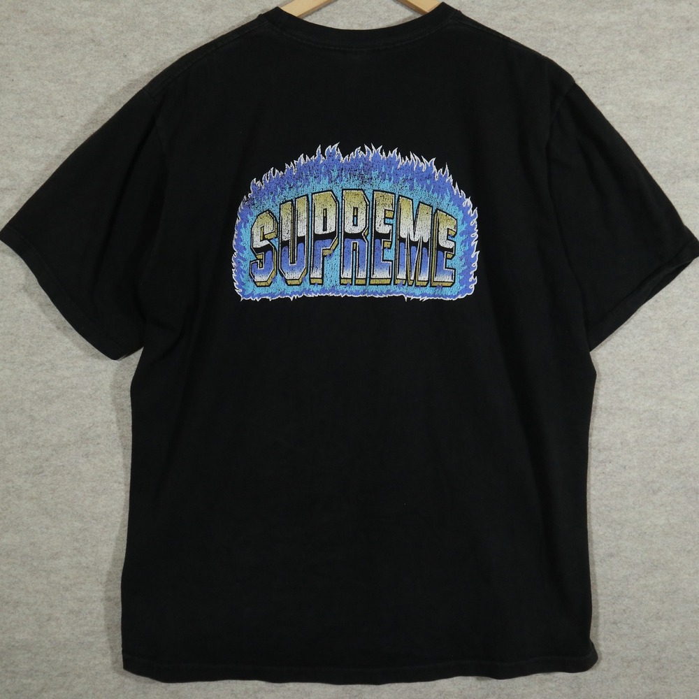 Supreme Chrome Flames Tee Mens Large Black Blue Graphic T-Shirt Streetwear Y2K
